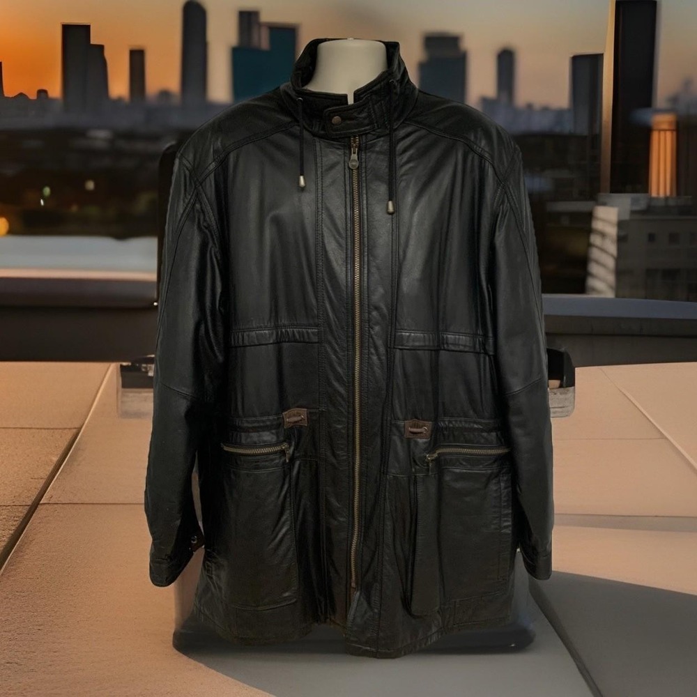 Vtg Members Only Mid Length Trench Full Zip Lined Black Leather Jacket XLT Rare